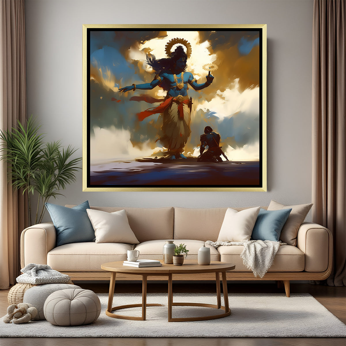 Elegant Lord Krishna devotional wall art in gold frame with dramatic light and halo effect.