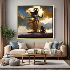 Elegant Lord Krishna devotional wall art in gold frame with dramatic light and halo effect.