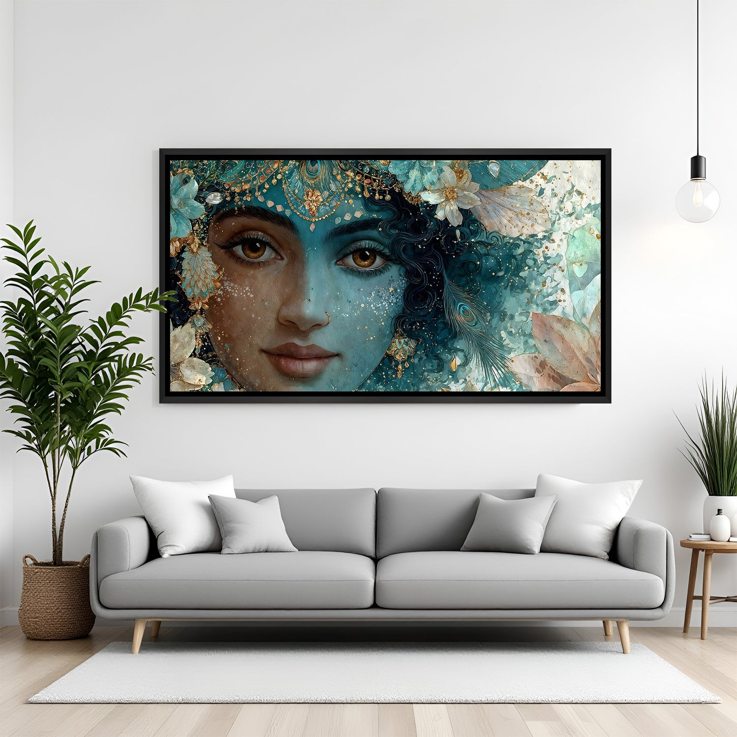 Lord Krishna panoramic artwork in sleek black frame displayed above modern sofa.