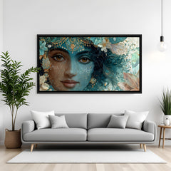 Lord Krishna panoramic artwork in sleek black frame displayed above modern sofa.