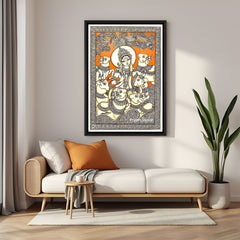 Lord Krishna Kalamkari wall painting with sacred cows in elegant black floater frame