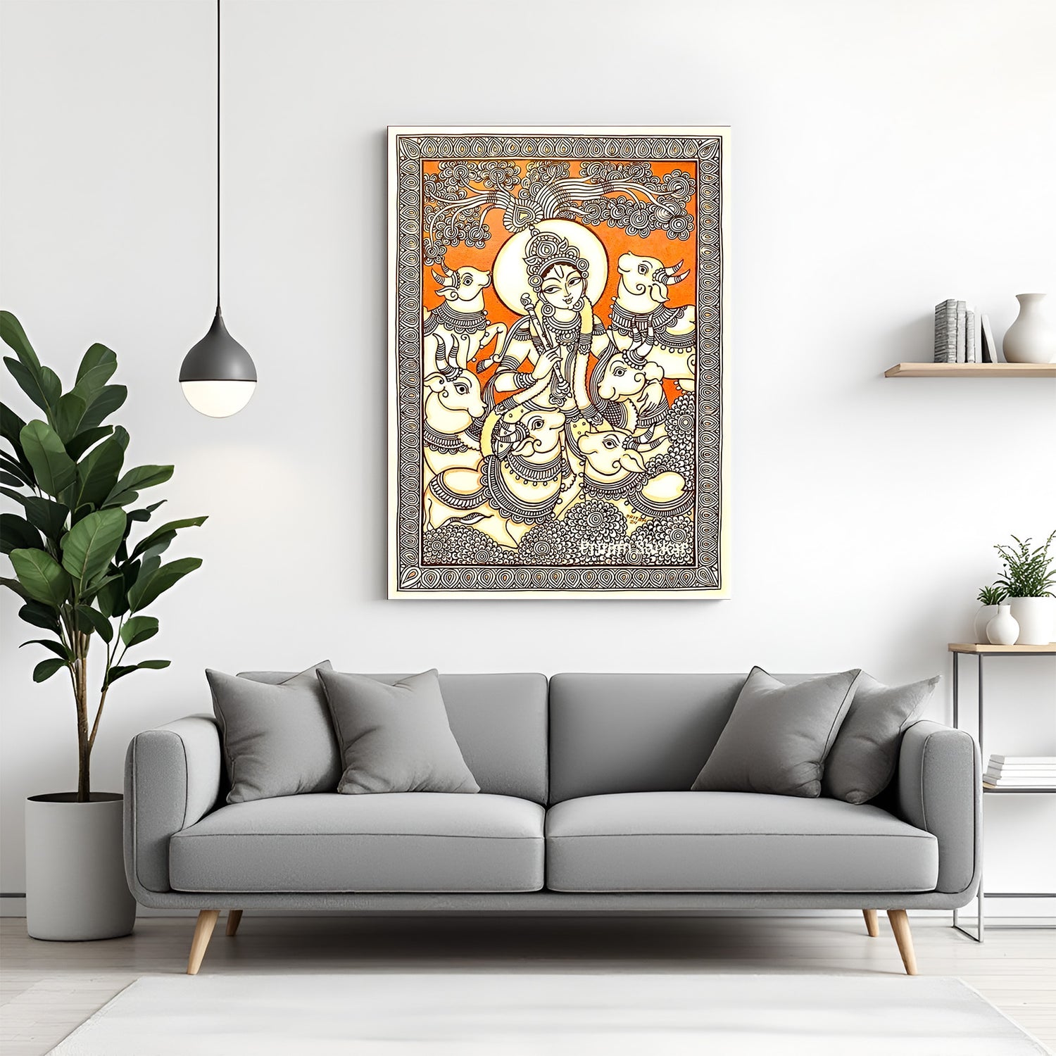 Lord Krishna with cows Kalamkari canvas wall art in premium canvas wrapped frame with traditional ethnic detailing