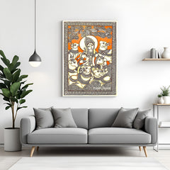 Lord Krishna with cows Kalamkari canvas wall art in premium canvas wrapped frame with traditional ethnic detailing