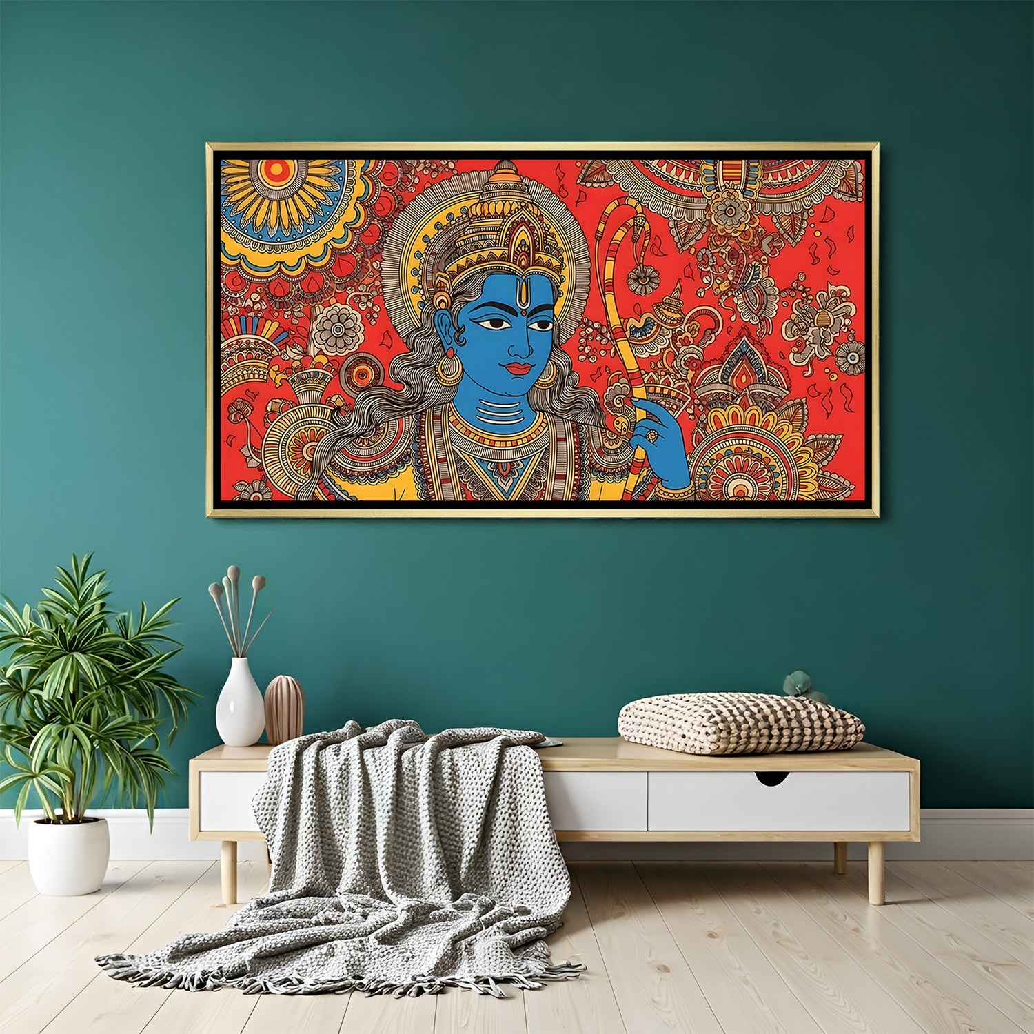 Lord Ram wall art in luxury golden floater frame with traditional Kalamkari design