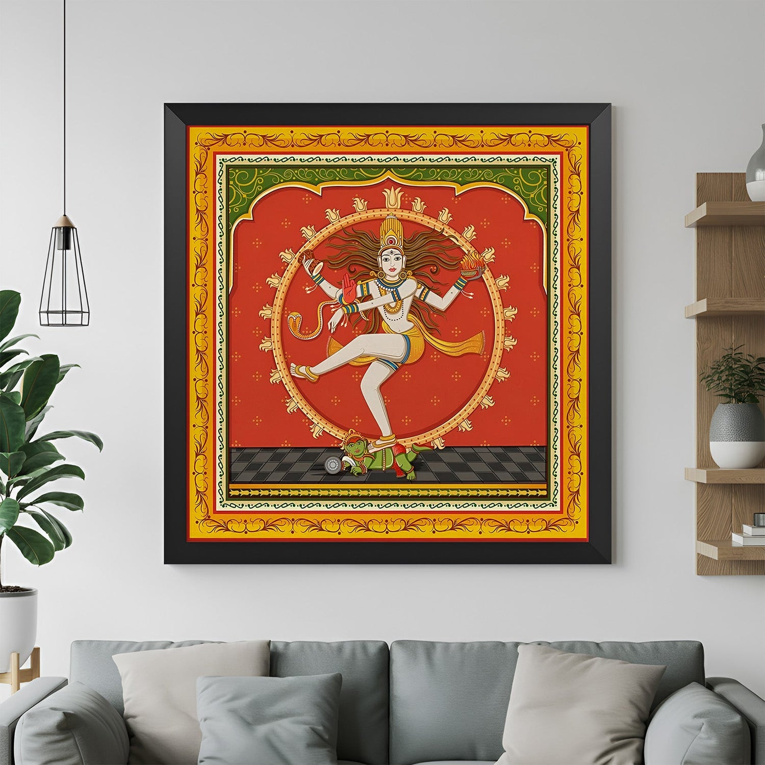 Lord Shiva Indian ethnic canvas painting in black floater frame for powerful and sacred home decor