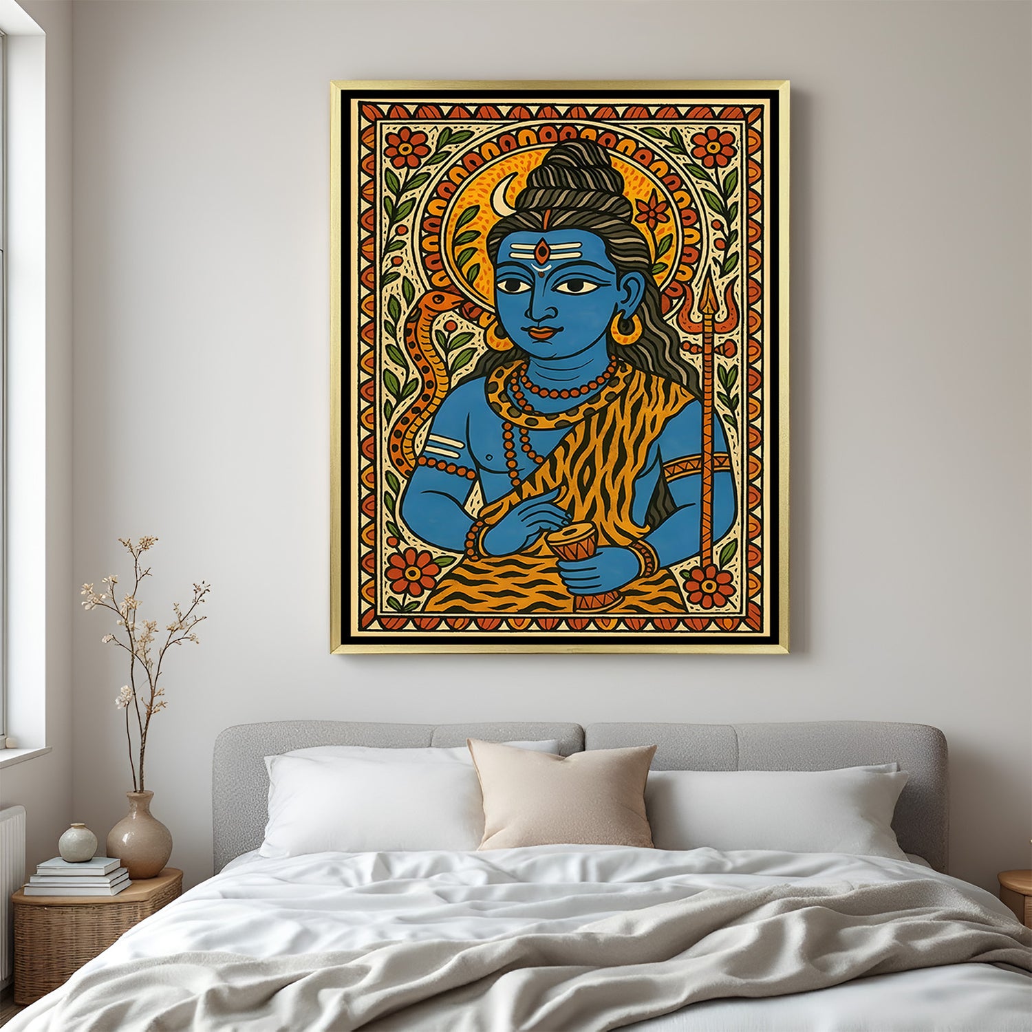 Luxury Lord Shiva Madhubani painting canvas in golden floater frame with vibrant traditional design