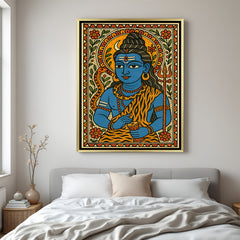 Luxury Lord Shiva Madhubani painting canvas in golden floater frame with vibrant traditional design