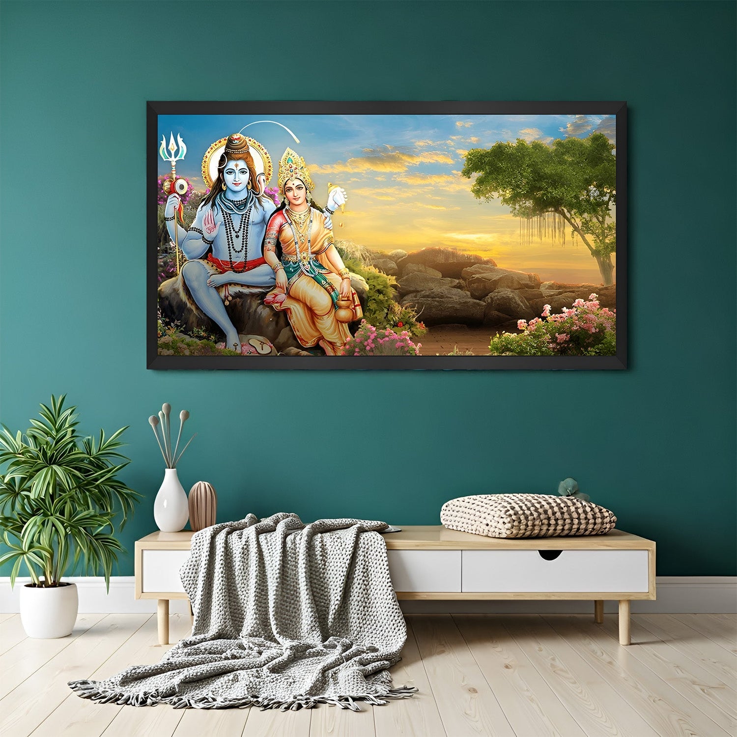 Shiva Parvati canvas painting in black frame – Vastu wall art for peace and protection