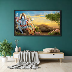 Shiva Parvati canvas painting in black frame – Vastu wall art for peace and protection