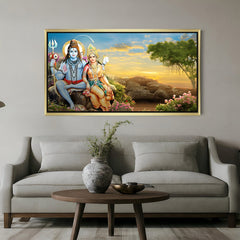 Golden frame Shiva Parvati canvas painting – Vastu-inspired spiritual art for home