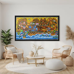 Lord Vishnu Kerala mural painting wall art in elegant black floater frame featuring intricate traditional details
