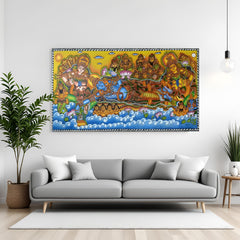 Lord Vishnu Kerala mural art canvas wall art in premium canvas wrapped frame with traditional Indian painting style