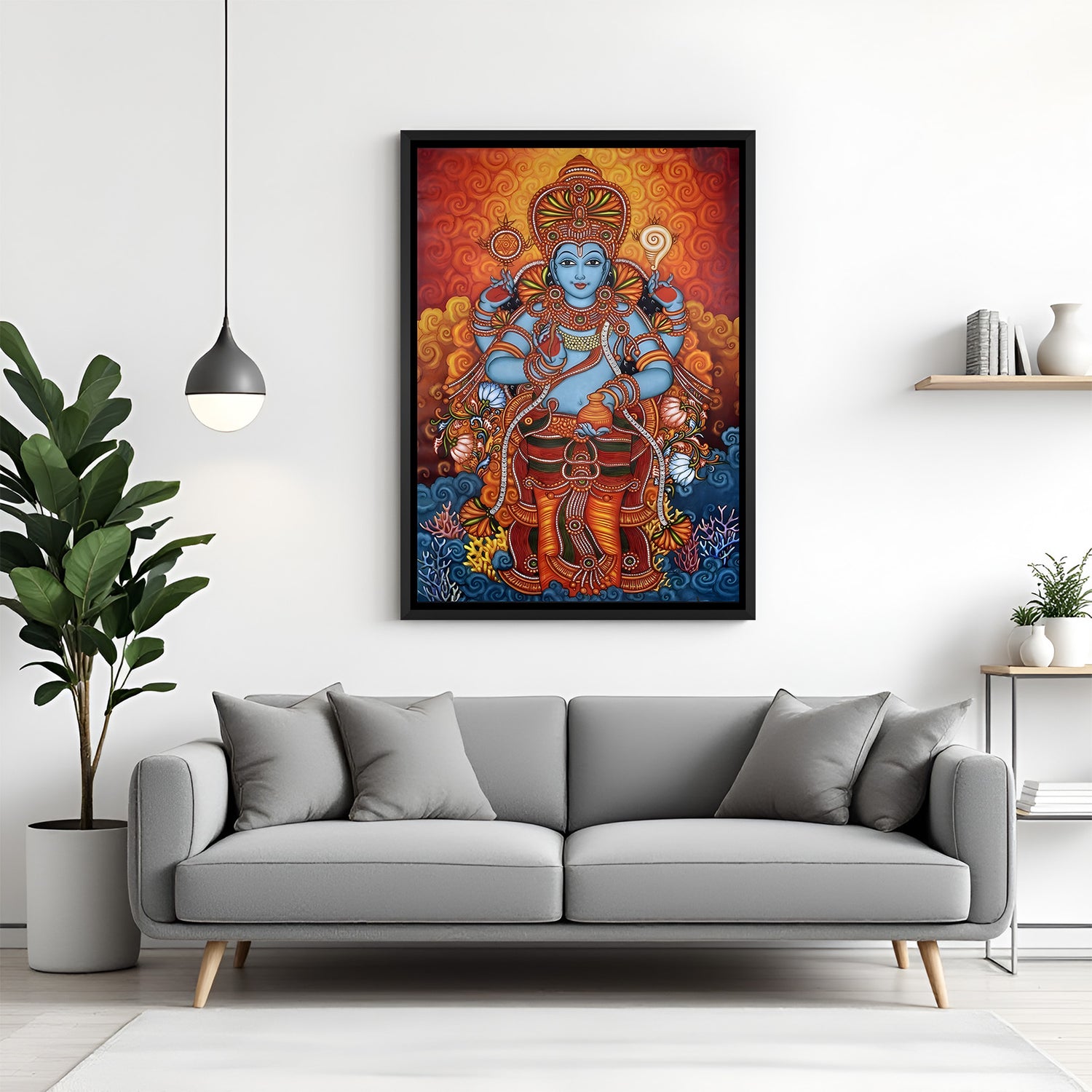 Lord Vishnu Kerala mural wall painting in elegant black floater frame for spiritual interiors