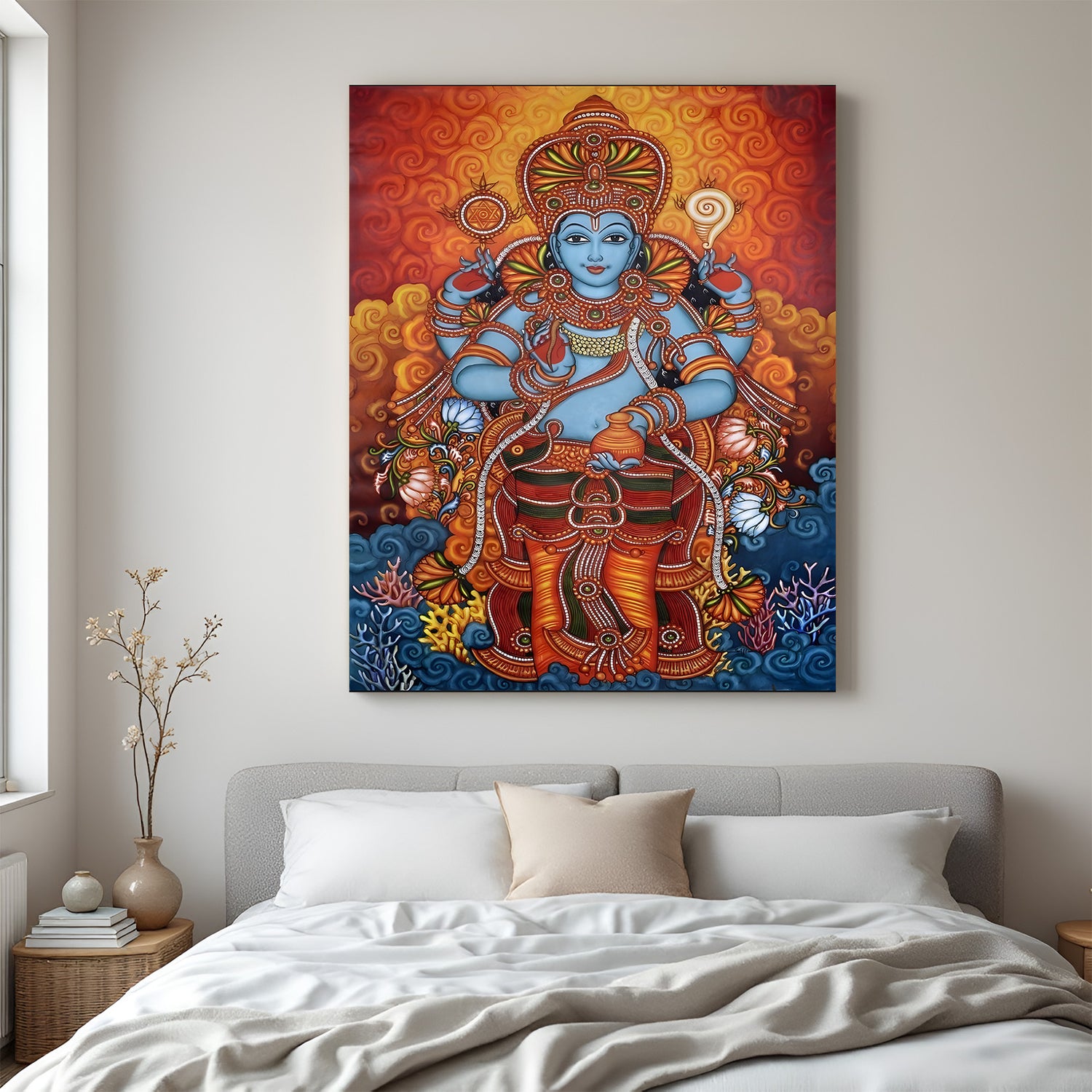 Lord Vishnu Kerala mural canvas wall art in premium canvas wrapped frame with vibrant traditional detailing