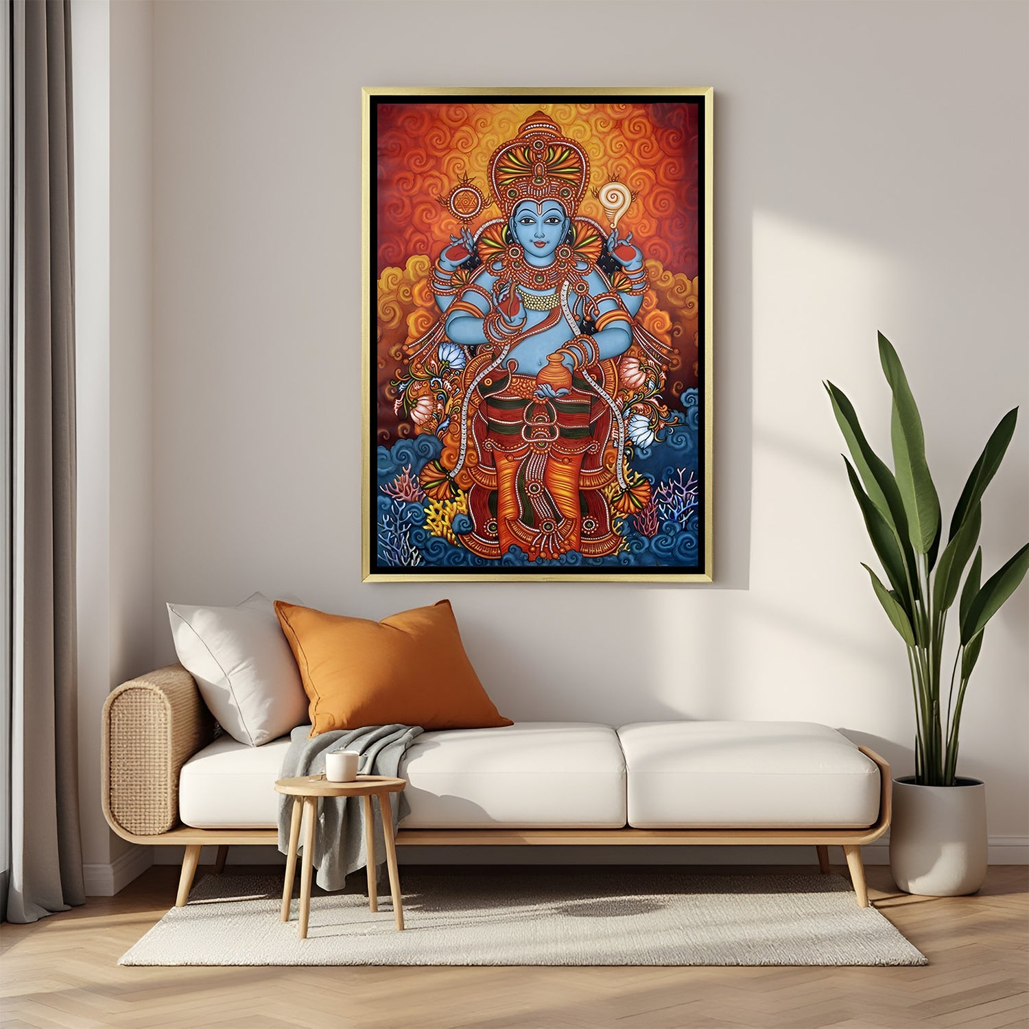 Luxury Lord Vishnu Kerala mural artwork in golden floater frame with intricate traditional Indian design