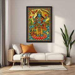 Divine Vishnu and Lakshmi Madhubani artwork in elegant black floater frame for modern spiritual interiors