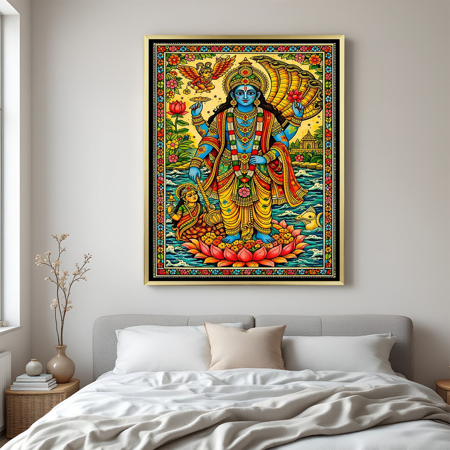 Luxury Lord Vishnu and Maa Lakshmi Madhubani painting canvas in golden floater frame with rich traditional design