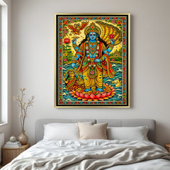Luxury Lord Vishnu and Maa Lakshmi Madhubani painting canvas in golden floater frame with rich traditional design