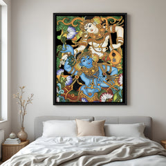 Lord Vishnu Kerala mural painting in elegant black floater frame featuring intricate sacred detailing