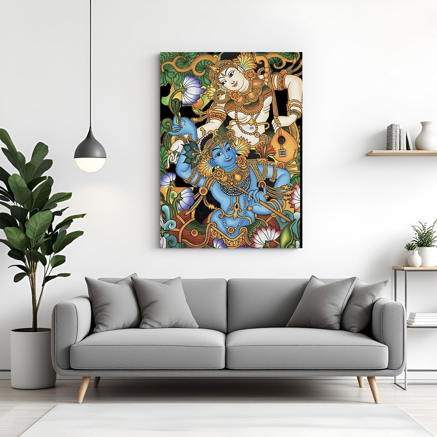 Lord Vishnu Vaikuntha Splendor Kerala mural canvas wall art in premium canvas wrapped frame with traditional temple artwork