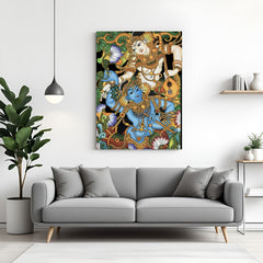 Lord Vishnu Vaikuntha Splendor Kerala mural canvas wall art in premium canvas wrapped frame with traditional temple artwork