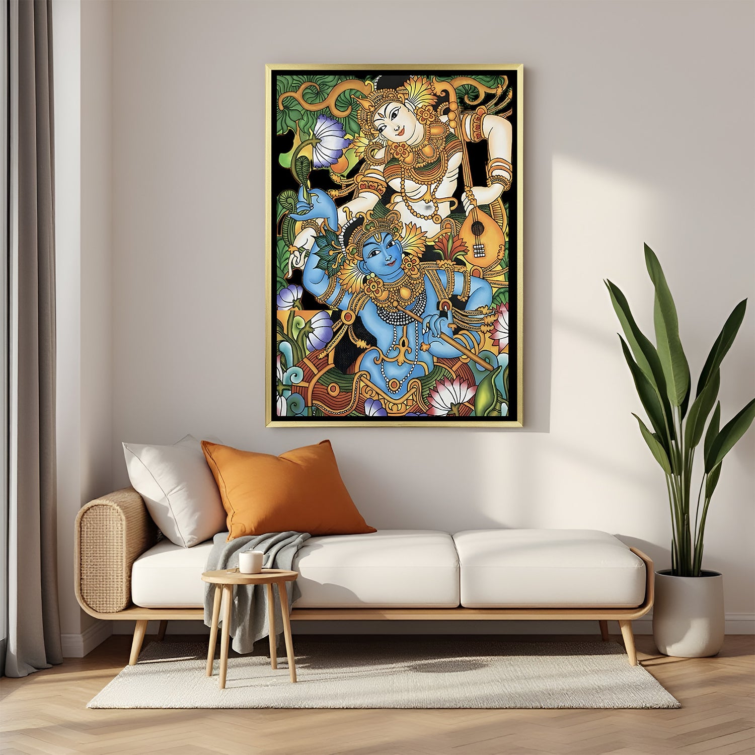 Lord Vishnu Vaikuntha Splendor artwork in luxury golden floater frame showcasing vibrant Kerala mural artistry