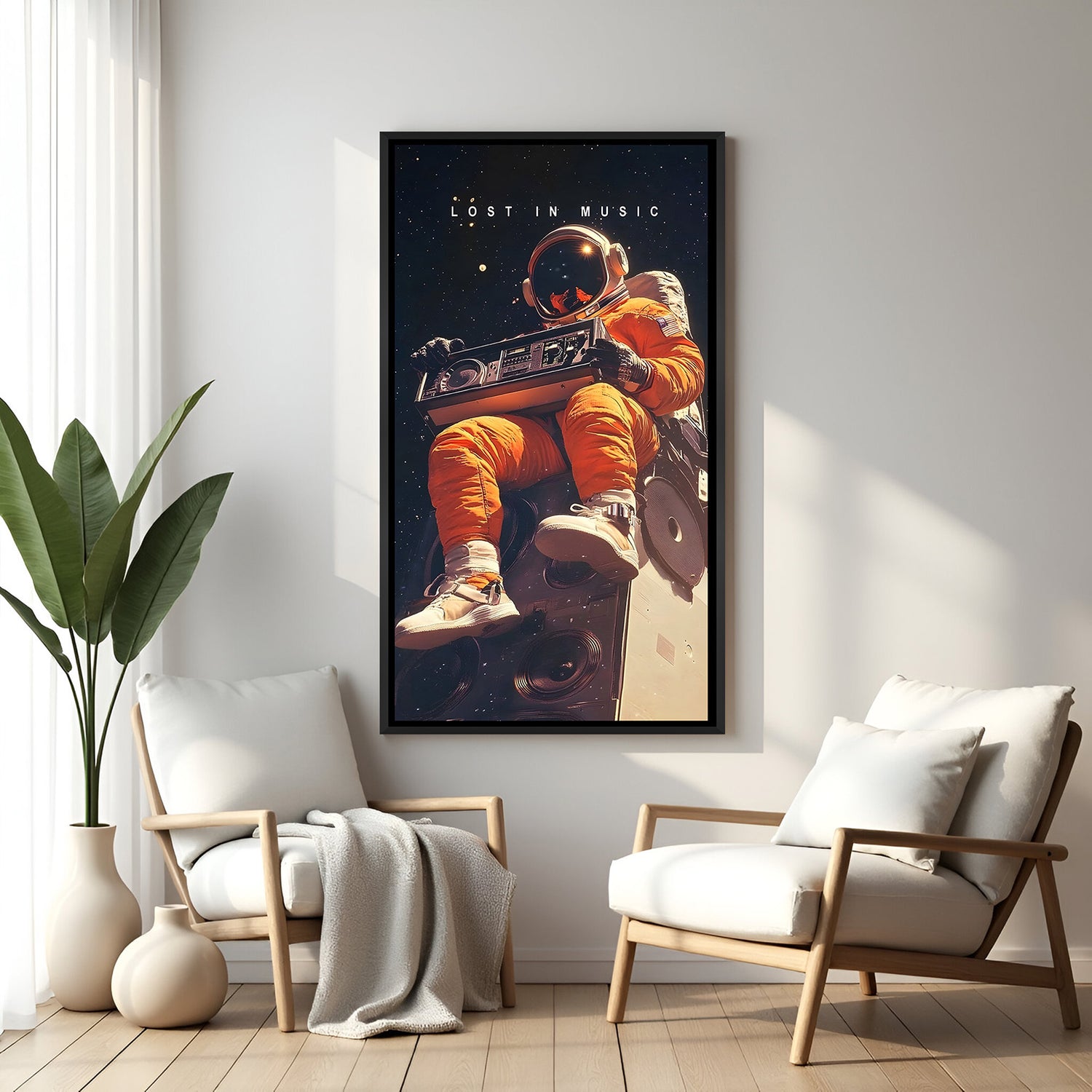 Astronaut space motivational wall art with Lost in Music quote in elegant black floater frame modern cosmic decor