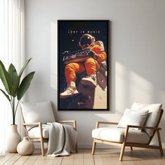 Astronaut space motivational wall art with Lost in Music quote in elegant black floater frame modern cosmic decor