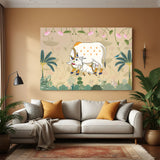 Kamadhenu cow and calf Pichwai artwork surrounded by lotus flowers in premium canvas wrapped frame