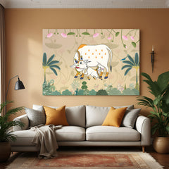 Kamadhenu cow and calf Pichwai artwork surrounded by lotus flowers in premium canvas wrapped frame