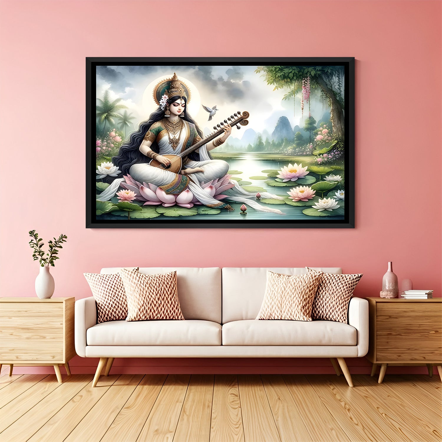 Landscape Saraswati veena painting in black floater frame for modern living room.