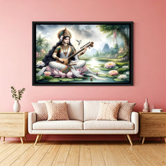 Landscape Saraswati veena painting in black floater frame for modern living room.