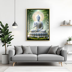 Lotus Halo Buddha wall art in luxury golden floater frame with meditation halo design