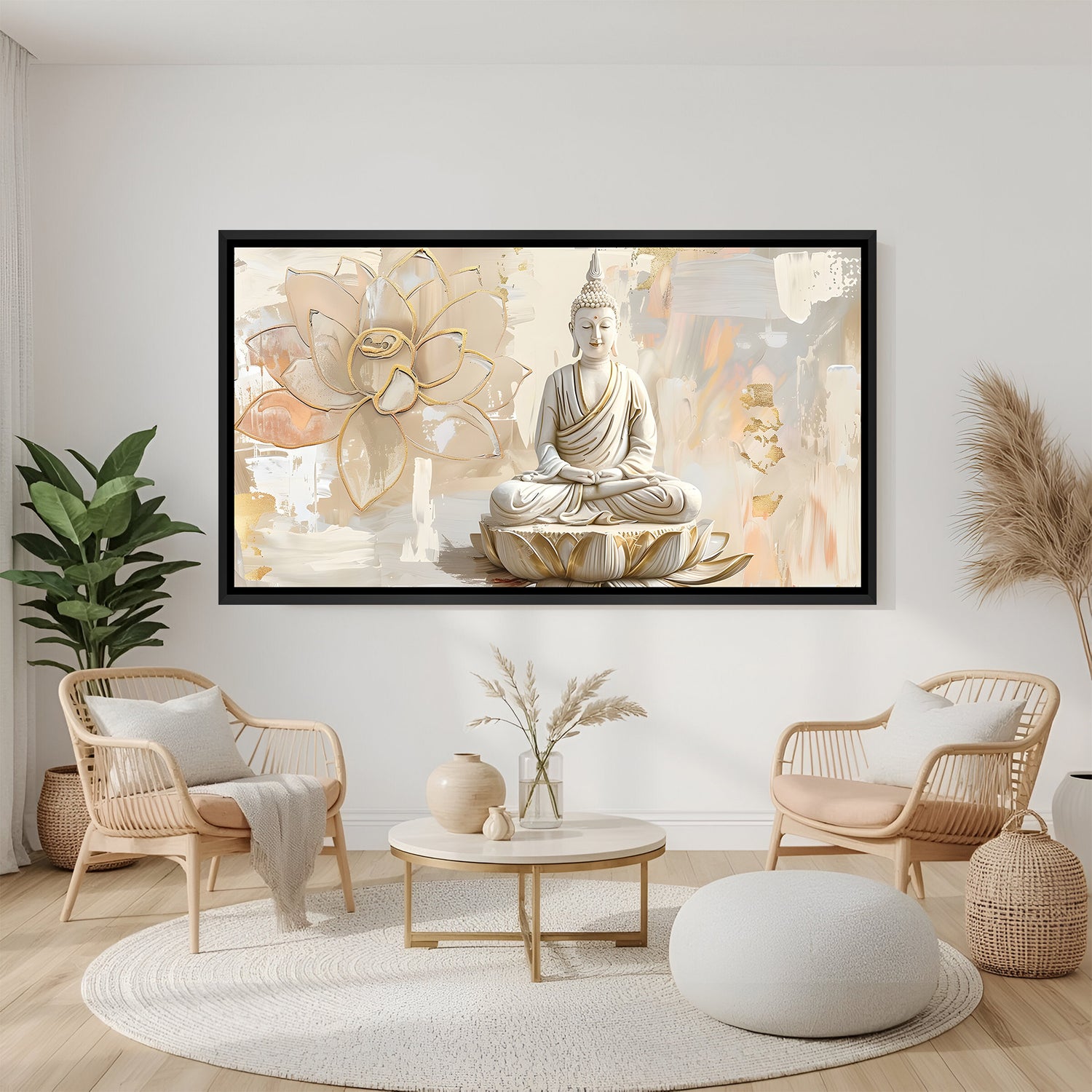 Modern Buddha and lotus artwork in black floater frame with neutral beige tones and textured background.