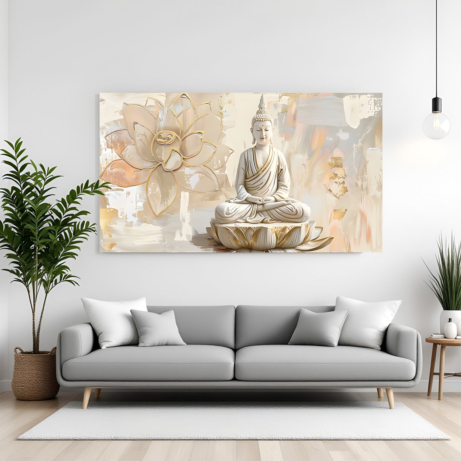 Panoramic Buddha wall art in canvas wrapped frame featuring seated Buddha on lotus with soft gold accents.