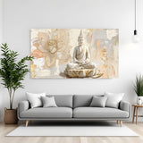 Panoramic Buddha wall art in canvas wrapped frame featuring seated Buddha on lotus with soft gold accents.