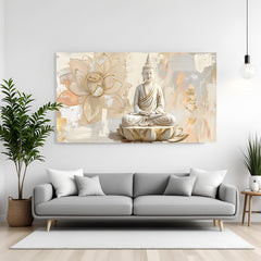 Panoramic Buddha wall art in canvas wrapped frame featuring seated Buddha on lotus with soft gold accents.