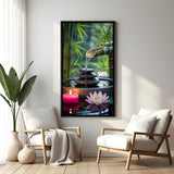 Peaceful spa artwork featuring bamboo water fountain and floating lotus flowers in elegant black floater frame