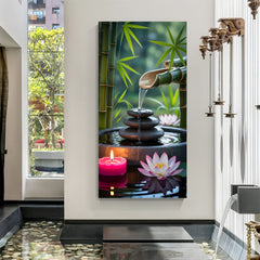 Zen-inspired bamboo fountain with stacked stones, pink candle, and lotus flowers in premium canvas wrapped frame
