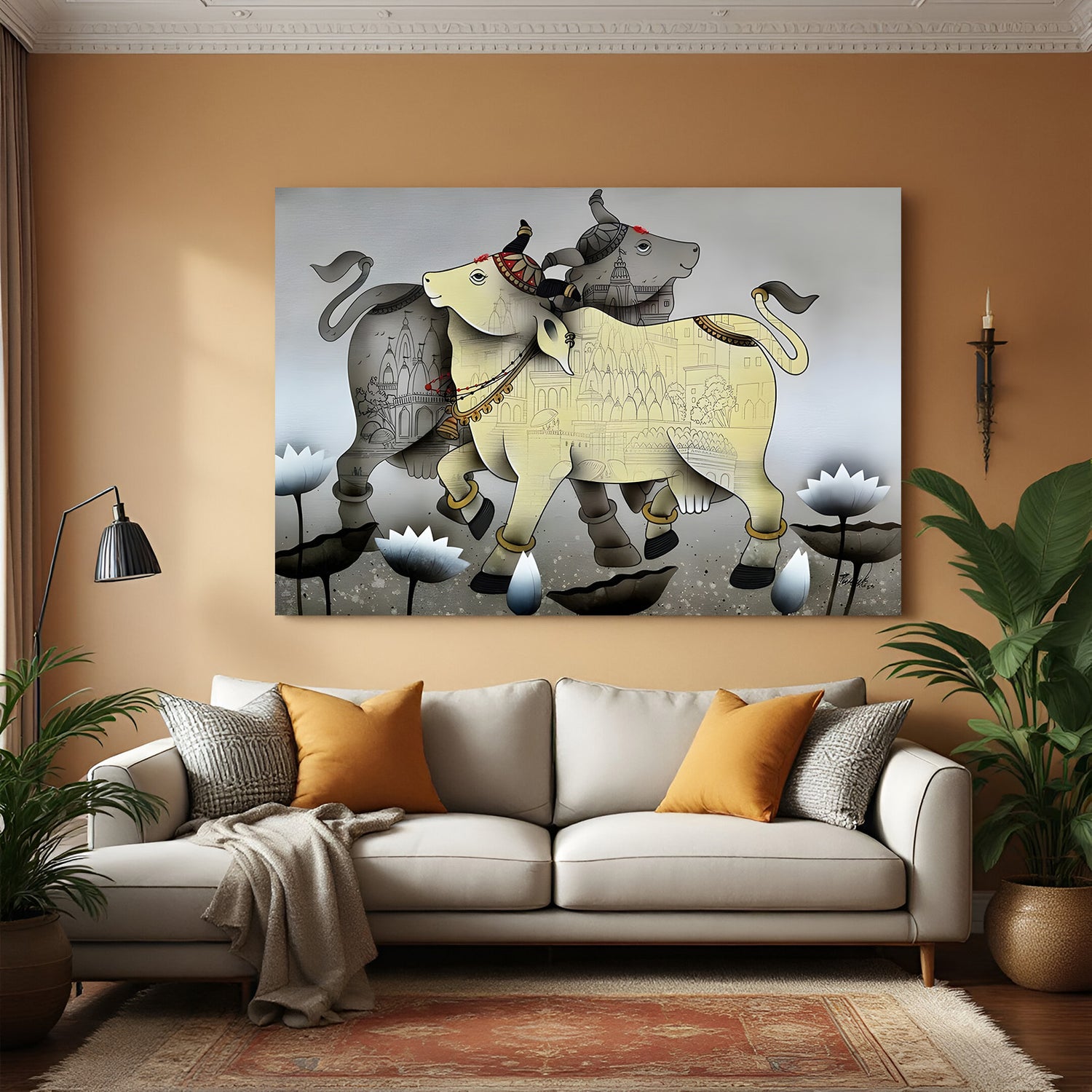 Kamadhenu cow and calf artwork with lotus flowers and heritage motifs in premium canvas wrapped frame
