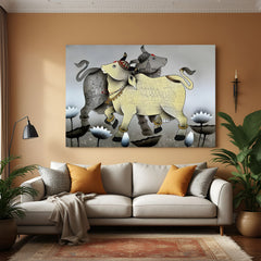 Kamadhenu cow and calf artwork with lotus flowers and heritage motifs in premium canvas wrapped frame