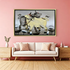 Lotus Path Kamadhenu artwork in luxury golden floater frame featuring sacred cow and calf design