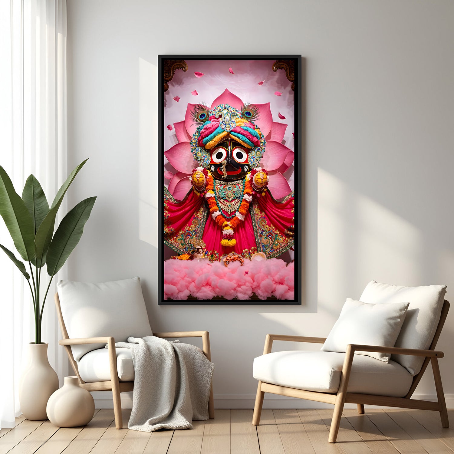 Vibrant Jagannath artwork with pink lotus background in elegant black floater frame
