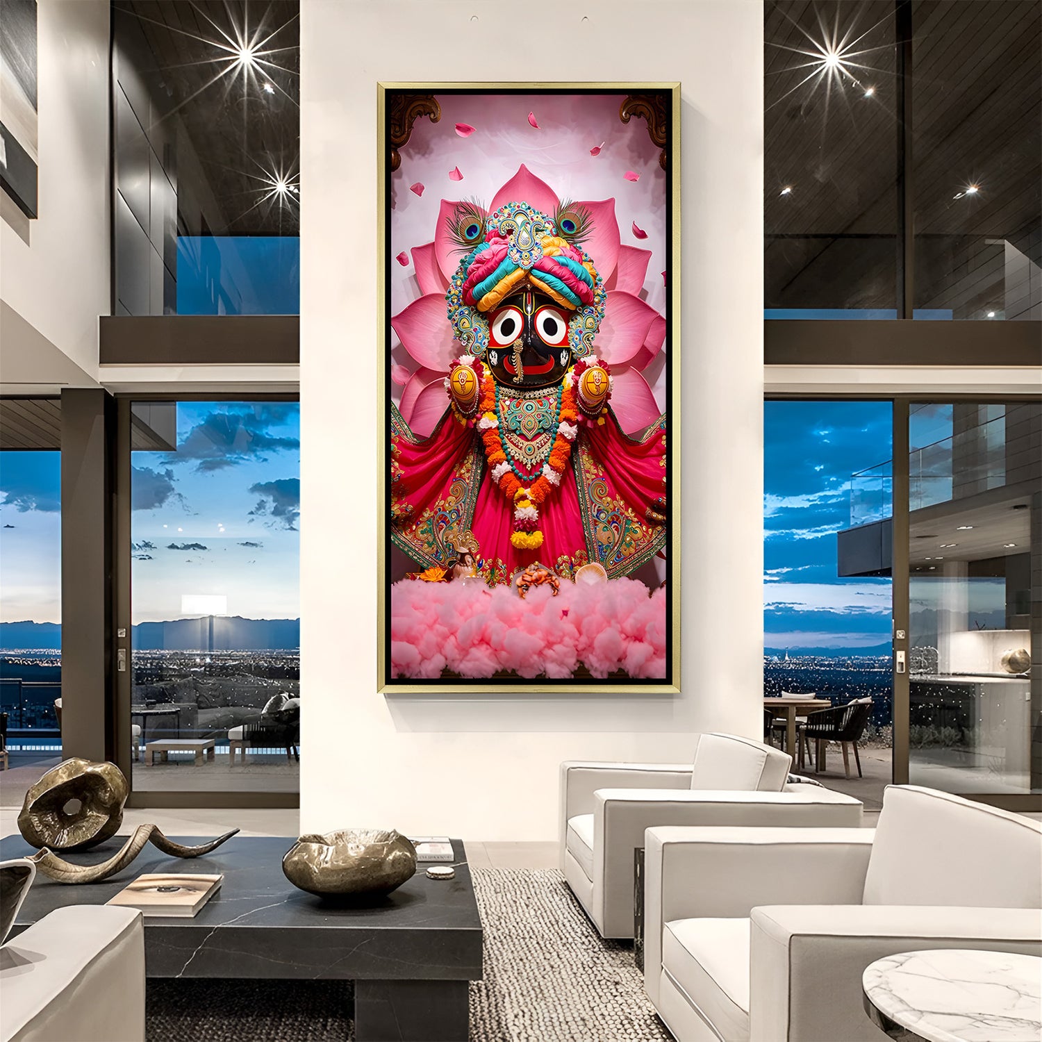 Lotus Radiance Jagannath artwork in luxury golden floater frame featuring sacred lotus-inspired design