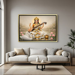 Elegant Saraswati veena artwork in golden floater frame for living room decor.