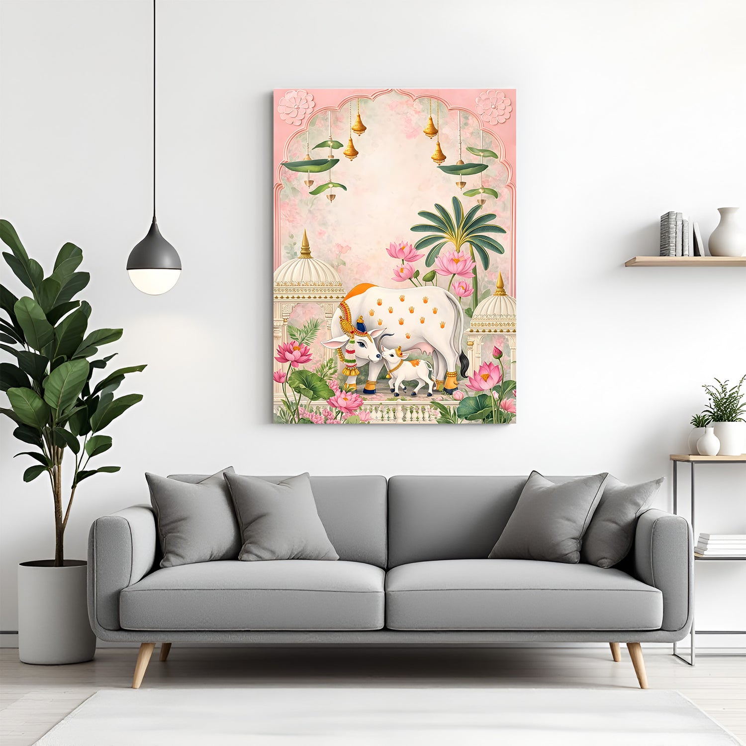 Kamdhenu cow and calf surrounded by lotus flowers and temple architecture in premium canvas wrapped frame