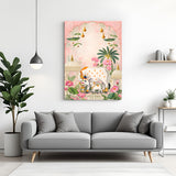 Kamdhenu cow and calf surrounded by lotus flowers and temple architecture in premium canvas wrapped frame