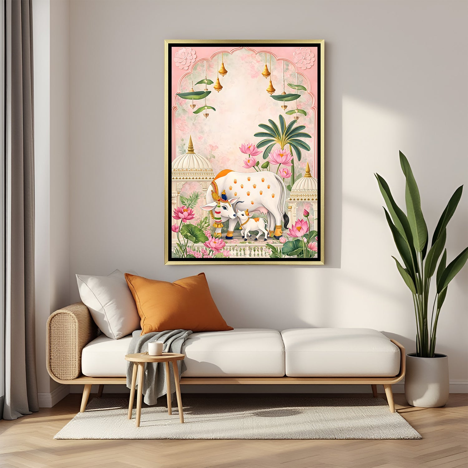 Lotus Temple Kamdhenu artwork in luxury golden floater frame featuring sacred cow, calf, and lotus motifs