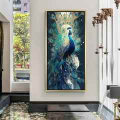 Golden frame peacock vastu canvas artwork for boosting fame, fortune, and graceful energy in luxurious home or office interiors
