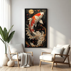 Moonlit koi fish wall artwork featuring a leaping orange and white carp in elegant black floater frame